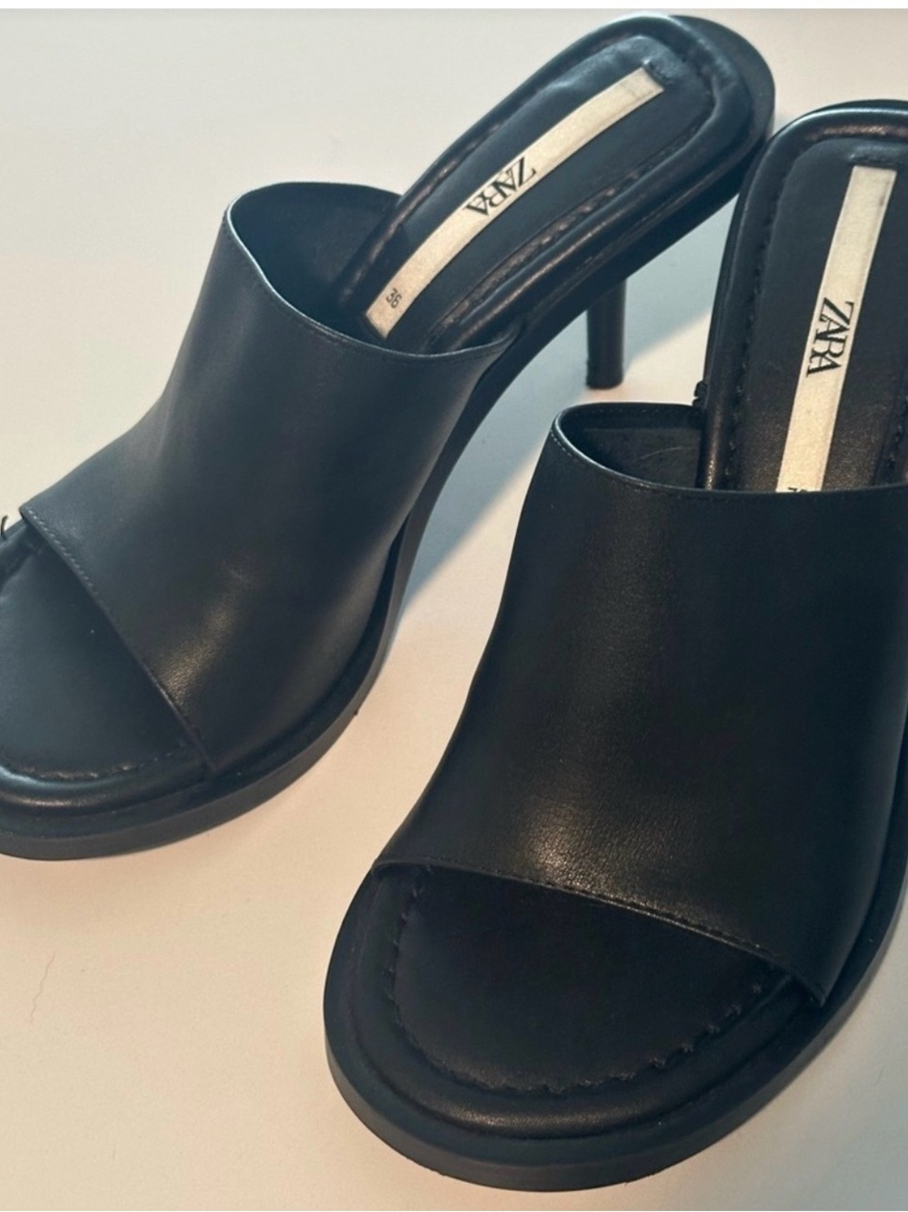 Zara Black Leather Open-Toe Slide Mules